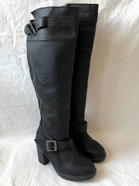 Harley Davidson boots Charlevoix 9.5 black leather knee high heeled buckle block